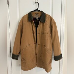 Vintage L.L. Bean Men’s Large Tan Green Corduroy Work Barn Jacket Plaid Lining